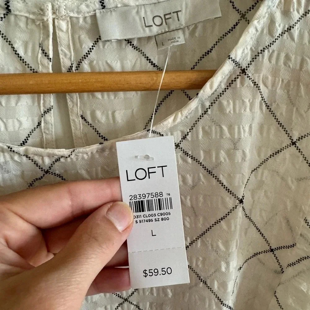 Loft cream/ivory Plaid Ruffle Blouse size large NWT - Picture 9 of 10